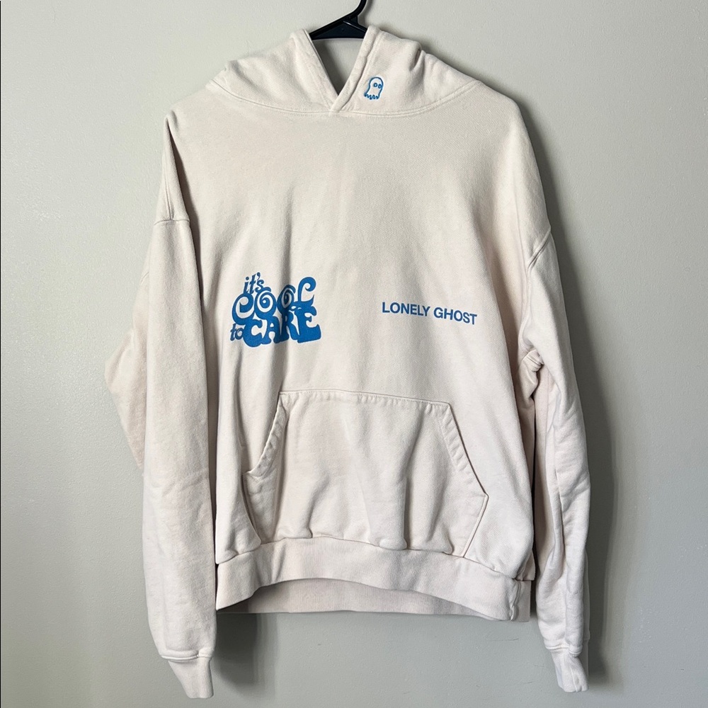 LONELY GHOST Cream Hoodie with Blue Graphics